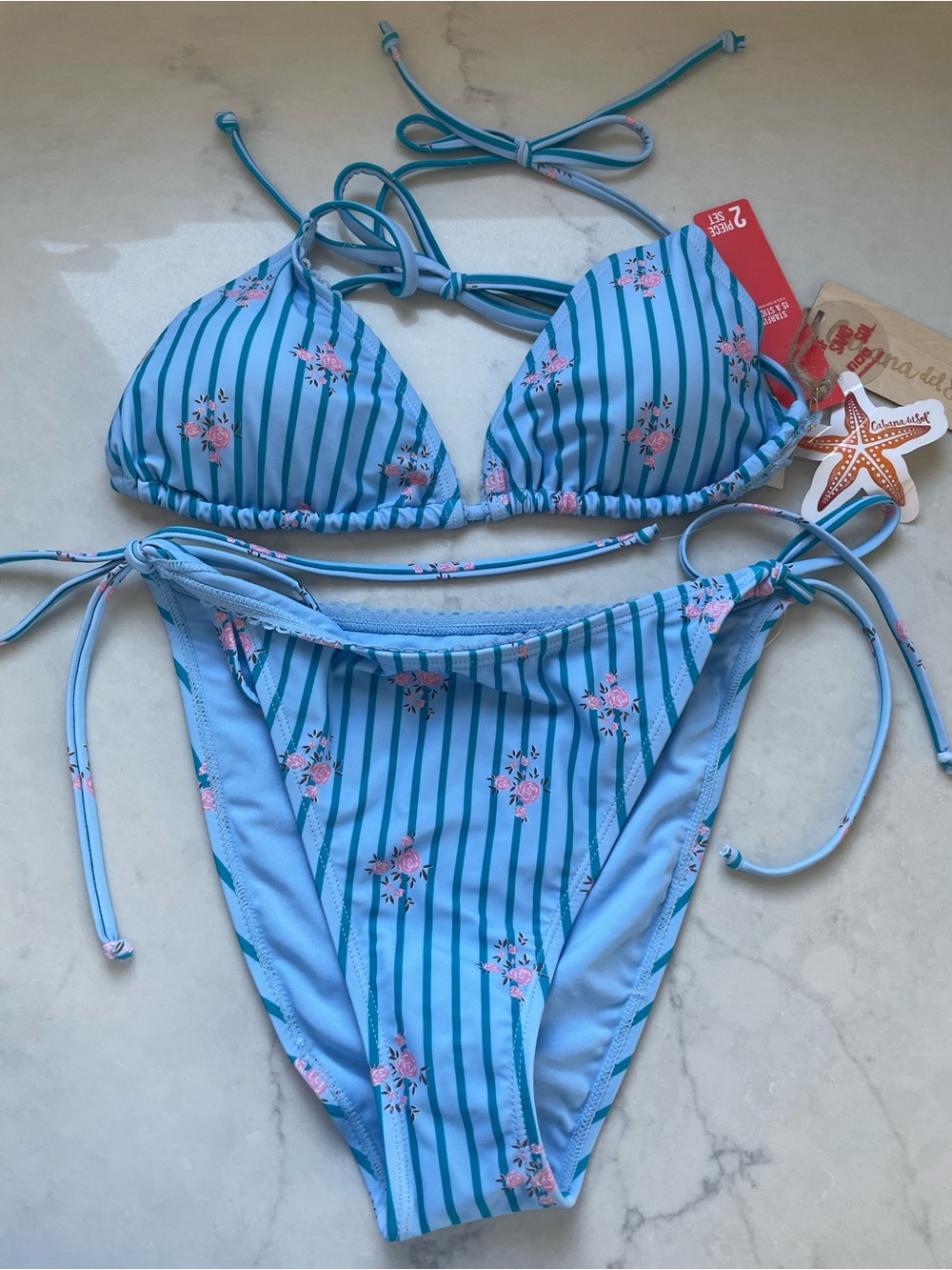 New! Blue Striped Floral Tie Bikini - Sz L